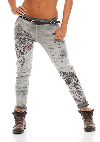 ZARMEXX Damen Boyfriend Baggy Hose Jeanshose Jeggings Stretch Chinohose mit Gürtel 10912 Letter-Fantasy -Print