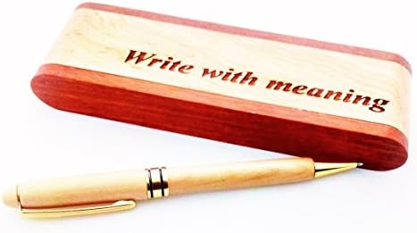 Personalised Wooden Pen with gold trim and brown burned Laser Finished Text. What a lovely Gift PEN or choose to add a lovely two tone Maple case for added Luxury