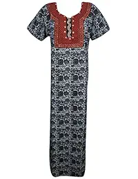 Indiatrendzs Women Nightdress Nighty Cotton Hand Embroidered Grey Black Maxi Nightgown (Chest 46)