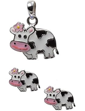 SL-Collection Set Anhänger Kinderohrringe Kuh mit Blümchen 925 Silber