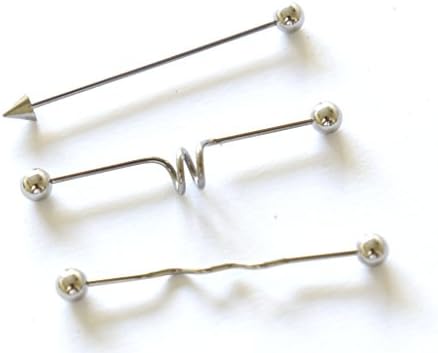 Set of 3 Ear and Body Piercing Industrial Scaffold Bars, Length 38mm, width 1.6mm 14 gauge, 5mm balls Industrial 316L Surgical Steel