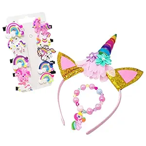 Parteet Combo (Pack of 3 Items) for Birthday Gift/Birthday Returns Gifts for Kids/Unicorn Combo with Unicorn Hairband/Unicorn Clip/ and Unicorn Bracelet for Girl Kids