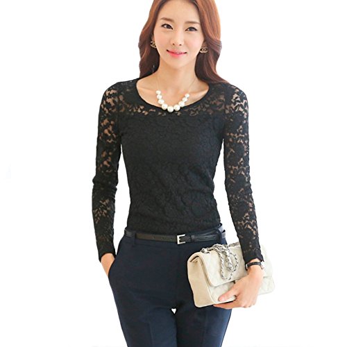 DSD03 2015 The New Splice Lace Office Long-sleeved T-shirt Thin Blouses (S, BLACK)