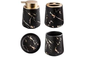 FülleMore 4-teiliges Badezimmer Set Keramik Badzubehör Set Marmor Optik Badset Seifenspender, Zahnputzbecher, Zahnbürstenhalter Seifenhalter (Schwarz)