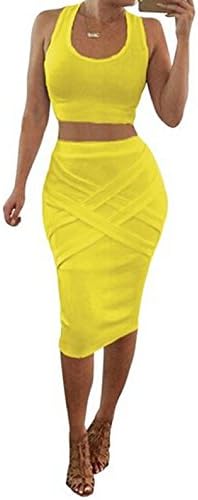 Handu Women's Patch Sleeveless Bandage Halter Strap 2 Piece Set Dress Small Yellow
