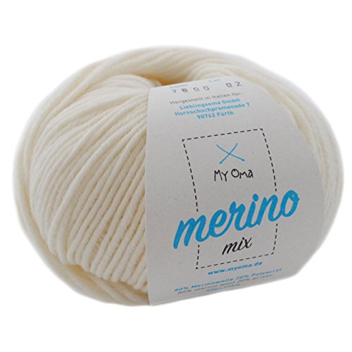 Merinowolle zum Stricken * 1 Knäuel Merinowolle naturweiß (Fb 7800) * natur weiße Merino Wolle - Strickgarn Merinowolle + GRATIS MyOma Label - 50g/120m - MyOma Wolle - weiche Wolle - Merinogarn