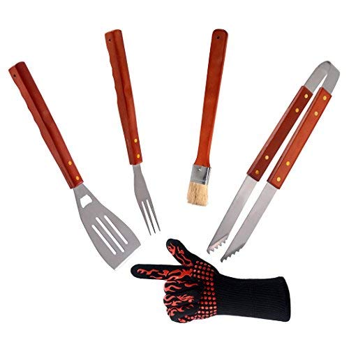 spécifications ChasBete Outils pour Griller BBQ Set de 5 pièces en Acier Inoxydable avec Poignées en Bois et Gants de Barbecue Set d’ustensiles de Grillade - Spatule, Pinces, Fourchette, Pinceau pour Badigeonner et