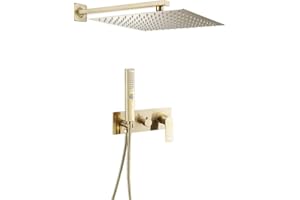 VALAZ Ducha Empotrada Dorado Cepillado Protección PVD | Ducha Monomando 2 Vías, Rociador Efecto Lluvia | Instalación en Pared Fácil | Inoxidable, Elegante, Cuadrada, Rociador 25 cm, Serie Miño