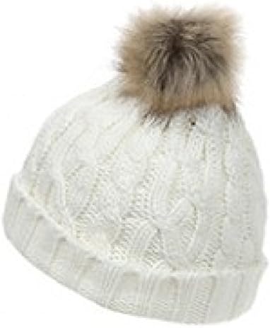 Ladies / Womens Faux Fur Bobble Beanie Hat Fixed Pom Pom Winter (Fixed Cable Knit Cream)