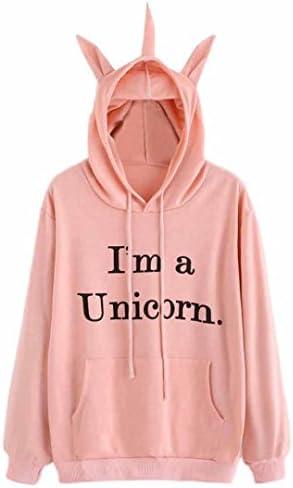 Womens Hoodie, Quistal Ladies Unicorn Hat Long Sleeve Sweatshirt Letter Printing Hooded Pullover Tops Fashion Loose Cute Sweater Hoody Oversized Hoodie Gap Brown Hoodie Ladies Gym Tops (UK 8, Pink)