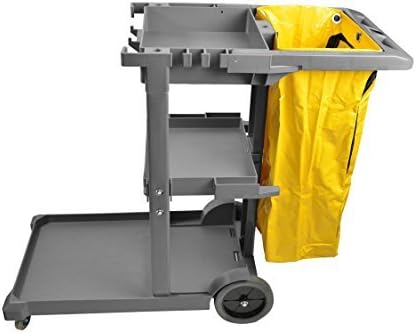 Janico 1050 Janitor Cart Commercial Housekeeping Utility Cart with 3 Shelfs, 25 Gallon Zippered Yellow Vinyl Bag, Grey, Pack of 1