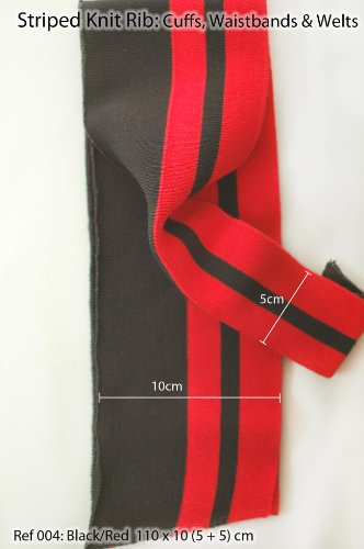 Knitted Cuff, Waistbands and Welts for Trimming and Edging Garments. Cuffing Knit Rib Fabric Panels, Plain & Stripe Designs. 2 Pieces. Neotrims. Black/Red
