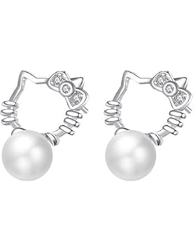 Red Moon Damen Ohrstecker Ohrringe Hello Kitty Sterling Silber 925 und Natürlichen Süßwasserperle,2 Stück RM4140