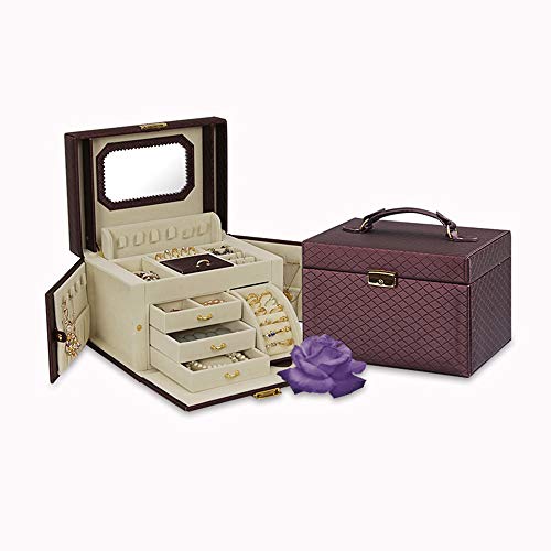 Preisvergleich Produktbild ZXF Lila Gold Mehrschichtige Pu Schmuckschatulle Ohrringe Halskette Lagerung Kosmetiketui Mädchen Frau Geschenk Schloss Spiegel Tragbar Nett (Farbe : Purple)