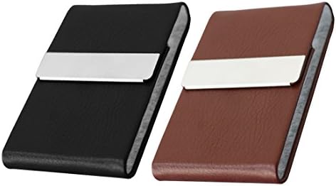 Espoy Stainless Steel Business Card Holder Leather Credit Card Case Slim Professional Name Card Organiser wih Mangetic Steel Closure for Men and Women Pack of 2