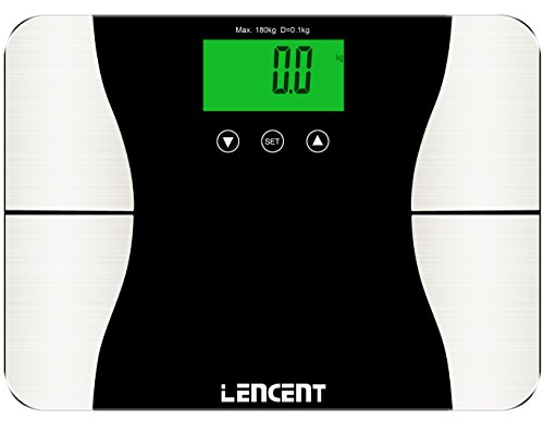 Smart Digital Personenwaage, Lencent Digitale Körperfettwaage mit Großem LCD-Display, Hartglasplattform, 180 KG Kapazität und 10 Benutzer Automatischer Step-On-Erkennung Badezimmerwaage, Messen Sie Gewicht/ Körperfett/ Wasser/ Muskel/ Knochenmasse/ BMI/ Kalorienbedarf und utw.