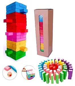 Cable World Zenga Wooden Blocks 54 Pcs Challenging Color Wooden , Toys with Dices Board Educational Puzzle Game ( Multi Color )