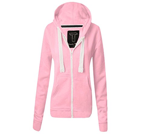 Womens Hoodie Hood Plain Jumper Ladies Baby Pink Fleece Casual Zip Top Upper Sweater Sweatshirt Jacket Coat Size S