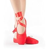 Girls Womens Dance Shoe Red Satin Ballet Pointe Shoes with Ribbon and Toe Pads (UK3 (Foot length:8.66 inch))