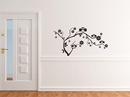 GRAZDesign 970038_45_071 Wandtattoo mit 4 Haken für Flur Ast Eulen Blumen Baum Vögel | Wand-Garderobe Kleiderhaken mit Aufkleber (85x45cm//071 grau//Haken 4 Stück)