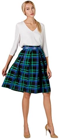 Emma Fischer Women's Vintage Plaid Skirts Skater Pleated Classic Belt Midi Skirt