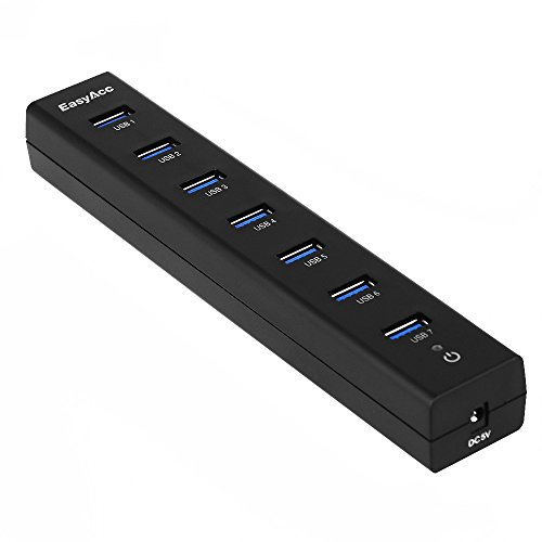 EasyAcc® Superspeed USB 3.0 7 Port Hub Bus Powered und Self Powered 2 in 1 Hub mit 1 Meter USB Datenkabel für Mac,iMac,MacBook Pro Air,Ultrabooks,Microsoft Surface RT,Laptops,Raspberry pi,drucker, etc; Schwarz