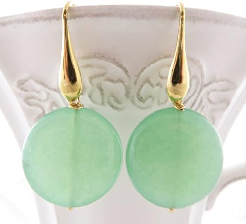 Green jade earrings, golden sterling silver 925 earrings, coin earrings, gemstone earrings, contemporary jewelry, italian jewelry