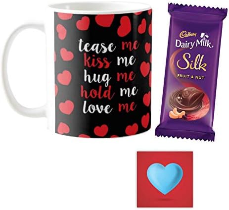 YaYa cafe Valentine Kiss Day Gifts Combo for Girlfriend Wife Mug, 1 Dairy Milk Silk (60 gm) Tease Me Kiss Me Hug Me, with Coaster