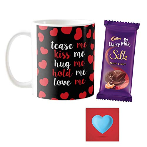 YaYa cafe Valentine Kiss Day Gifts Combo for Girlfriend Wife Mug, 1 Dairy Milk Silk (60 gm) Tease Me Kiss Me Hug Me, with Coaster
