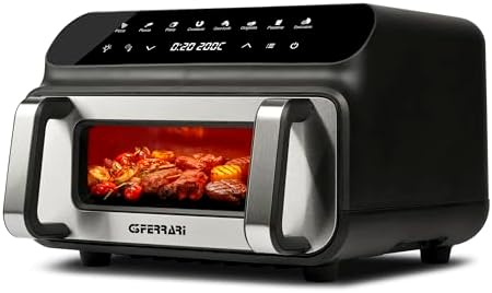 G3 Ferrari G10181 Friggitrice e griglia ad Aria BBQ, 2000W, 10 Litri XXL, 8 Programmi, Multifunzione, Barbecue Smokeless, BPA PFOA Safe, Accessori e Ricettario inclusi, Timer, Nero/Grigio Argento