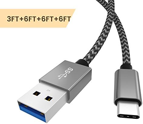 USB-C Cable USB 2.0 Nylon Braided Type-C Charger for Galaxy S8, LG G5, Google Pixel, Nexus 6P - 3ft+3ft+6ft+6ft Silver