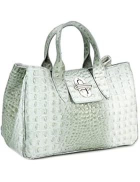 BELLI ital. Echt Leder Handtasche Henkeltasche grau matt Kroko Prägung - 36x25x18 cm (B x H x T)