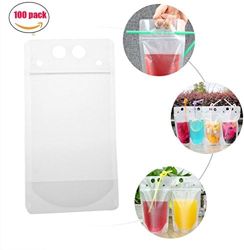 QuiCi 100PCS Clear Drink Pouches Bags Hand-held Translucent Reclosable Zipper Stand-up Plastic Pouches Bags for Beverage Juicer Milk (350ML)