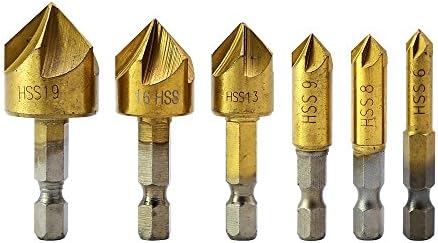 Minher 6 pcs. 1/4 "Hexagon shank HSS handle Countersunk drill hole 5 Flute Drill Set 90 degree for wood quick change bit 6mm-19mm H00820