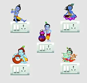 Decorvilla PVC Vinyl Lord Krishna Switch Board Wall Sticker (25 x 25 cm, Multicolor, 5 Piece), Religion