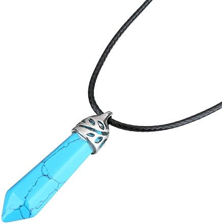 Gemstone Hexagonal Pointed Reiki Chakra Pendant Leather Cord Necklace For Women 17.5 Inch (Blue turquoise)