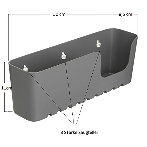 Duschregal Kunstoff von SANIXA Duschablage ohne Bohren mit Saugnäpfen Duschkorb Wannenablage Stabile Ausführung 30 cm Badregal Badablage ohne Bohren mit starken Saugnäpfen grau Ablage Dusche Badewanne - 4