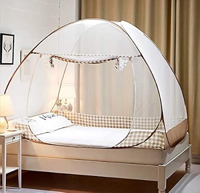 Digead Marron Moustiquaire en Forme de Dôme à Installation Facile, Protège des Insectes 120 * 200cm Moustiquaire Mobile Tente Ciel de Lit Pop Up Pliable Avec Double Porte Polyester & Polyester Mélangé
