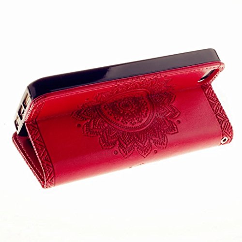 MUTOUREN für iPhone SE 5 5S Hülle Schutzhülle PU Leder Bookstyle Handyhülle Brieftasche Wallet Schale Portemonnaie Klapphülle mit Standfunktion Taschen kratzfeste Stoßfest Magnetic Snap Bumper Schale – Geprägte Muster indische Mandala Rot + Stylus Touch Pen - 6