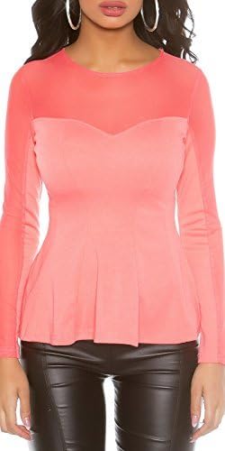 Koucla Women's Long Sleeve Shirt Shirt MIT Peplum and Net Sleeves Jersey Top Blouse With Mesh Various Colours - Coral, 6-10 (One Size Fits All)