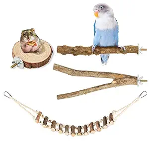 Woiworco 4 Pieces Bird Perches Stand Set, Bird Ladder, Nature Wood Stand, Wooden Stick Platform Rope Ladder Bird Toys Bird Cage Accessories for Parrot Parakeet Cockatiel Budgie