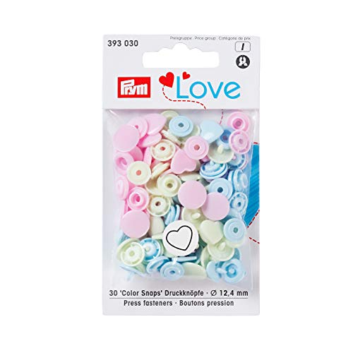 PrymLove, Bottoni a Forma di Cuore, Bottoni Automatici in plastica, Rosa/Verde/Azzurro, 12,4 mm, 30 Pezzi