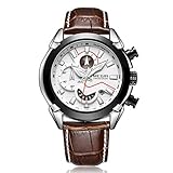 YSCYLY Männer Leder Uhr Wasserdichte Analog Quarz 3D Dial Band Kreative Uhr Datum Alarm Multifunktions Analog Digitaluhr Lässige Handgelenk Für Männer,White