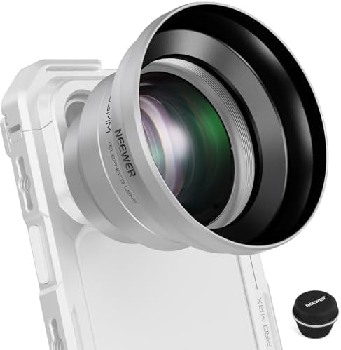 NEEWER Teleobiettivo HD da 65mm, Obiettivo per Telefono con Paraluce (Argento), Lente Zoom 1.7X per Backplate, Cage e Case per Smartphone con Filettatura da 17mm, Compatibile con iPhone Android, LS-66