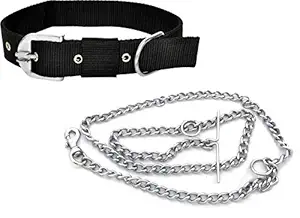 S.Blaze Combo of Black Dogs Collar with Dog Chain Dogs Collar & Chain (Medium, Multi Color), Nylon;Stainless Steel, (Pack of 1)