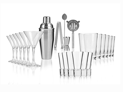 Cocktailshaker Barzubehör-Set 23 teilig aus Edelstahl, inkl. 18 Gläsern in 3 verschiedenen Formen