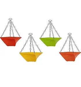 Gardens Need 100% Virgin Plastic Spiral Hanging with Iron Chain | Set of 4 Planter, (23.5cm x 23.5cm x 11cm, Multicolor)