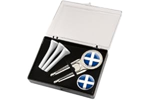 SCOTLAND GOLF GIFT BOX SET BY ASBRI. CRESTED DIVOT TOOL, GOLF BALL MARKER AND 3 GOLF TEES