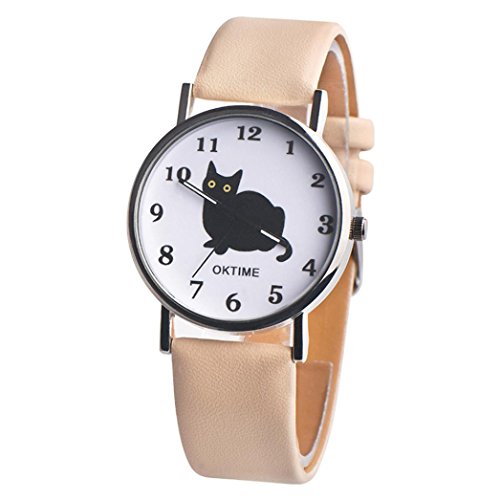 Preisvergleich Produktbild Uhren DELLIN Damen Sommer Cute Cat Kunstleder Analog Quarzuhr (Beige)