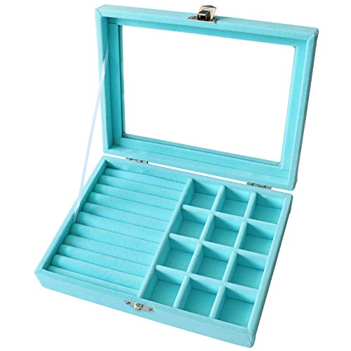 Preisvergleich Produktbild Yoillione Ringlade Schmucklade Glas,Ohrringe Schmuckkästchen Damen,Schmuck Box Schmuckdisplay Ring Display,Samt Schmucklade Mit Deckel Ringkasten Blu